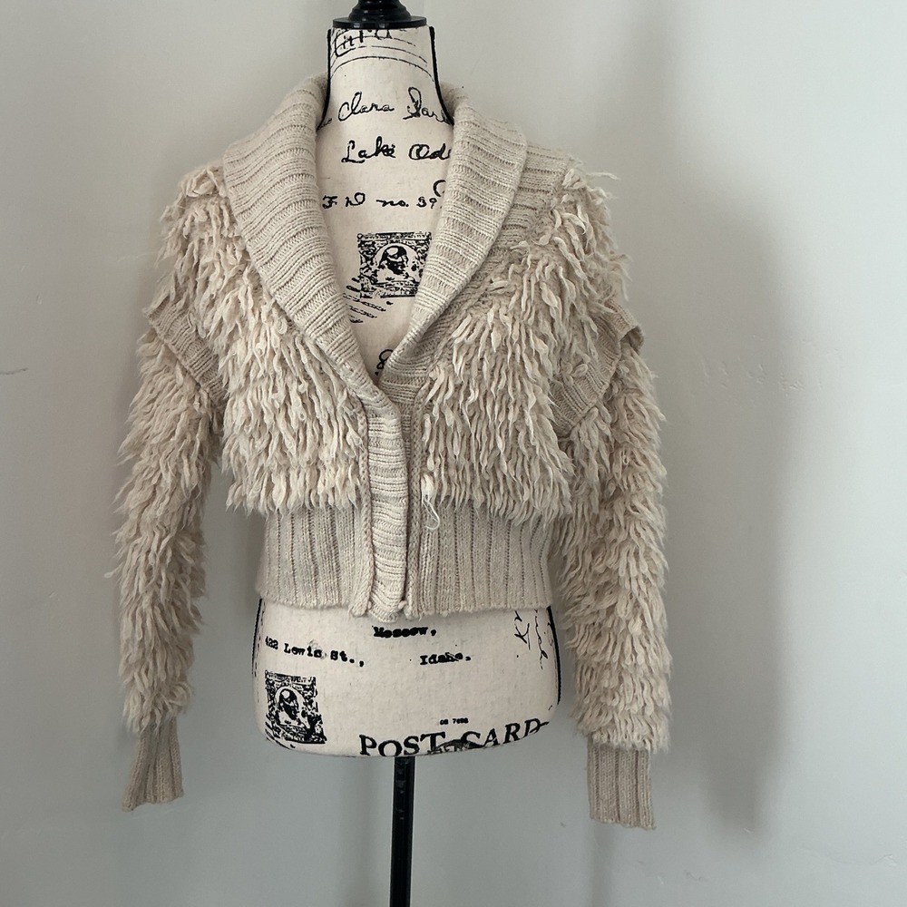 Pilcro Shaggy Fringe Knit Cardigan Cream Shawl Collar Cropped XXS Anthropologie